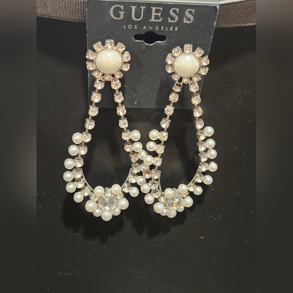 GUESS Pearl and Crystal Hoop Earrings